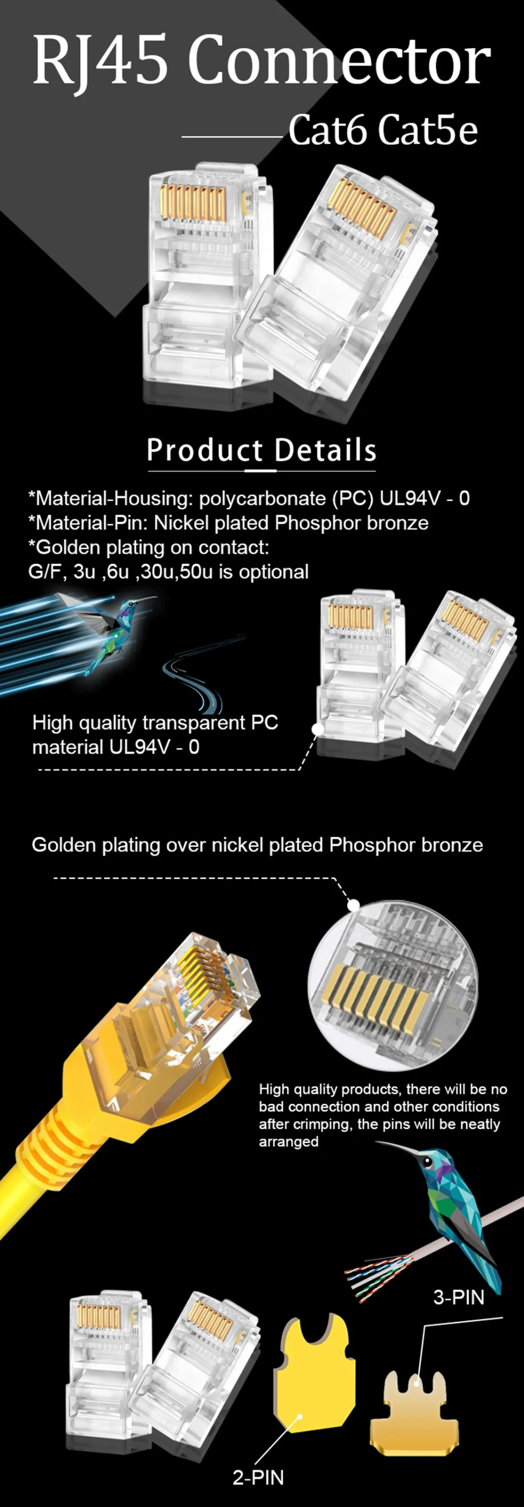 Gcabling UTP 8p8c RJ45 CAT6 CAT6A Unshield Networking Connection Cat5e RJ45 Ethernet Modular Plug