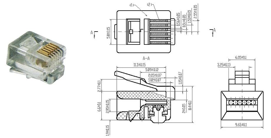 UTP Rj12/Rj11 6p6c Modular Plug Cat3 Network Telephone Connector 6 Core Telephone Plug for 6p6c Cable